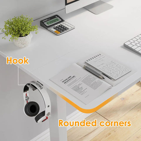 Electric Standing Desk With Four Memory Presets And No Sweat Height Adjustment In White, ergonomic table with rounded corners and headphone hook.