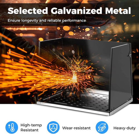 Foldable Welding Table Portable 17 By 20 Inches Weld Tabletop with protective panels and tool slots, sparks visible, metal construction