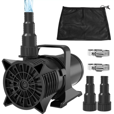 Beast 1800GPH Submersible Water Pump for Pond with adapters, filter bag, and 20ft cord, UL certified, shown in black.