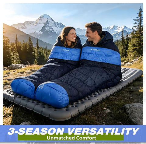 Go-To Lightweight 3-Season Sleeping Bag For Adults With Waterproof Shell Packable Backpacking Gear with couple outdoors
