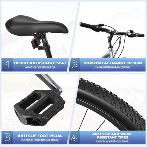 26 Inch Adult Mountain Bike With 7 Speed Front Suspension Fork Dual Disc Brakes Adjustable Seat and anti-slip features