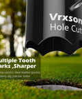 Close-up of Pro Grade Portable Golf Hole Cutter Kit With 4 Inch And 6 Inch USGA Standard Holes above ground, showing sharp blade.