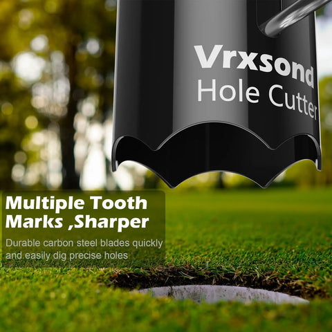 Close-up of Pro Grade Portable Golf Hole Cutter Kit With 4 Inch And 6 Inch USGA Standard Holes above ground, showing sharp blade.