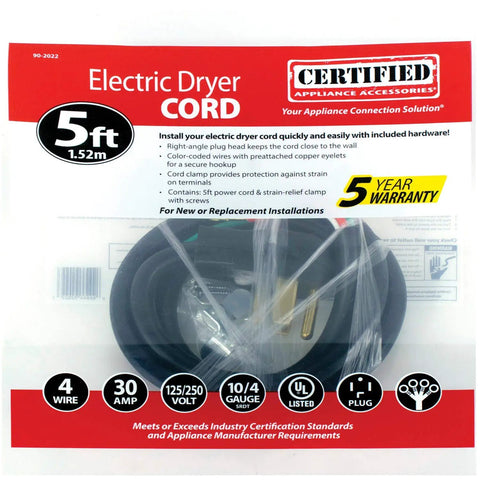 Packaging of 30 Amp Dryer Power Cord 4 Prong With Copper Eyelet Connectors 5 Foot Length Color Coded Wires UL Listed