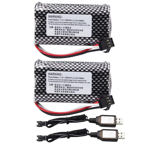 Two Pack 7.4V 1200mAh Li Ion Rechargeable Battery With Black SM 3P Plug Replacement For Older Version RC Trucks