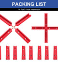 Packing list showing components of 4 Pack T Track Intersection Kit Red For Woodworking, Universal Aluminum T Tracks and tool accessories