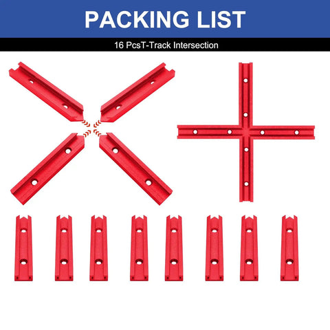 Packing list showing components of 4 Pack T Track Intersection Kit Red For Woodworking, Universal Aluminum T Tracks and tool accessories