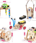Five In One Hands On STEM Robot Kit For Kids Aged 8 To 12 With Wood Building Crafts showing five wooden robot models and dimensions.