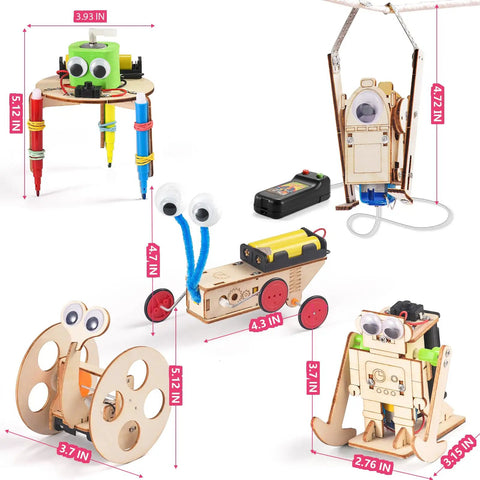 Five In One Hands On STEM Robot Kit For Kids Aged 8 To 12 With Wood Building Crafts showing five wooden robot models and dimensions.