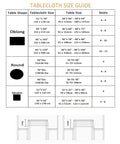 Tablecloth size guide for various table shapes including outdoor 60 inch square tablecloth with umbrella hole and zipper waterproof and stain resistant polyester patio cover for backyard BBQs picnic tables easy clean fits square and round tables.
