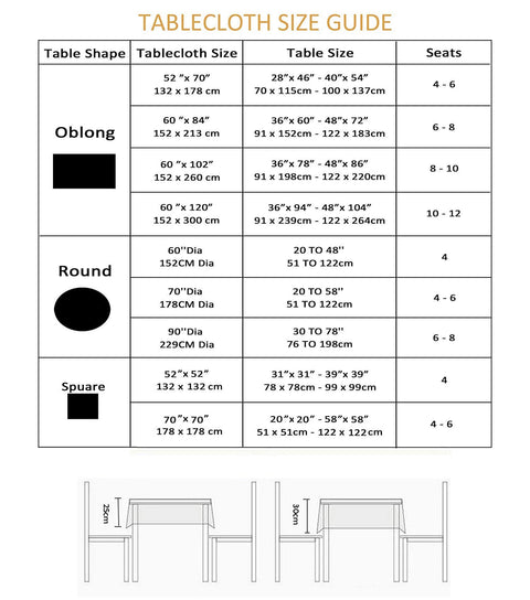 Tablecloth size guide for various table shapes including outdoor 60 inch square tablecloth with umbrella hole and zipper waterproof and stain resistant polyester patio cover for backyard BBQs picnic tables easy clean fits square and round tables.