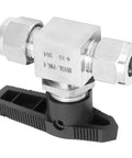 Stainless steel needle valve, 2-way high-pressure flow control, angled side view with compression fittings.