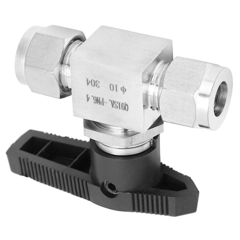 Stainless steel needle valve, 2-way high-pressure flow control, angled side view with compression fittings.