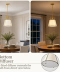Karjearl Gold Pendant Lights Kitchen Island, 12.2" Linen Drum Chandelier with fitted diffuser above a dining table.