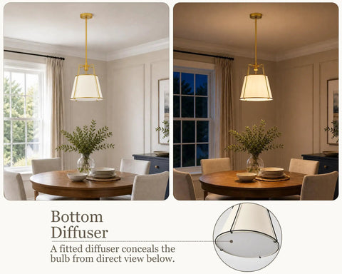 Karjearl Gold Pendant Lights Kitchen Island, 12.2" Linen Drum Chandelier with fitted diffuser above a dining table.