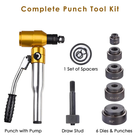 6 Dies 6 Ton Hydraulic Knockout Punch Kit With Hand Pump, Metal Hole Tool Set showing punch, spacers, dies, and draw stud