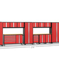 Heavy Duty 15 Piece Garage Cabinet Set Features Fully Welded Steel Shelves Two Bamboo Worktops Lockers Rolling Tool Chest And Wall Panels For A Legit Garage Organization, red cabinets with bamboo worktop.