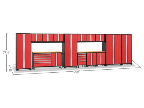 Heavy Duty 15 Piece Garage Cabinet Set Features Fully Welded Steel Shelves Two Bamboo Worktops Lockers Rolling Tool Chest And Wall Panels For A Legit Garage Organization, red cabinets with bamboo worktop.