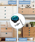 Slick Blue Marble Agate Cabinet Knobs 4 Pack Round Drawer Pulls With A Sleek Black Dresser Handle Base shown on kitchen and nightstand.