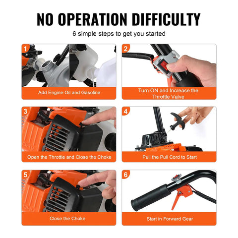 Instructions to start Backyard Ready 31cc 4 Stroke Tiller Cultivator With Four Steel Adjustable Front Tines For Lawn Garden And Field Soil
