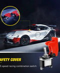Heavy Duty Rocker Toggle Switch 12V 20A SPST On Off With Red Aircraft Style Safety Cover, shown with car in background