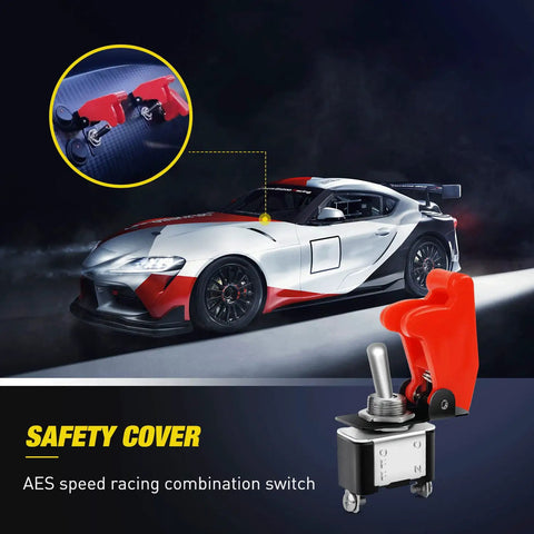 Heavy Duty Rocker Toggle Switch 12V 20A SPST On Off With Red Aircraft Style Safety Cover, shown with car in background