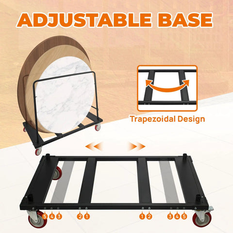Heavy Duty Folding Table Cart With 5 Inch Swivel Locking Wheels Portable Black Table Rack for 60 Inch Round Tables, showing adjustable base