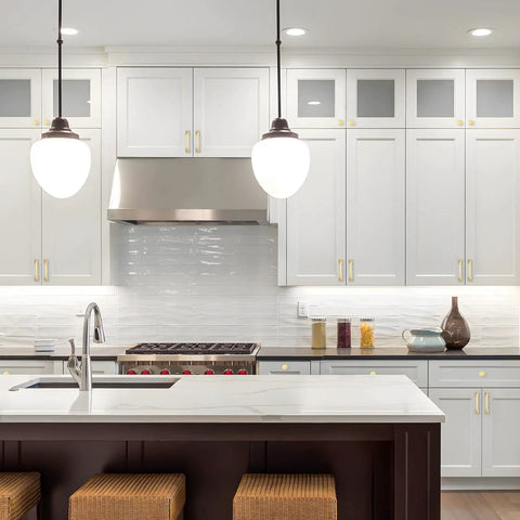 Modern kitchen featuring Gold Cabinet Pulls 12 Pack, 3 Inch Hole Center Arch Handles, Brushed Brass Zinc Cabinet Hardware.