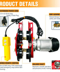 Beefy Electric Trolley For Power Hoist 1 Ton Capacity 2204 Lbs, showing wheels and wiring details, wired remote and locking nut.