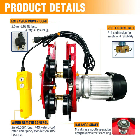 Beefy Electric Trolley For Power Hoist 1 Ton Capacity 2204 Lbs, showing wheels and wiring details, wired remote and locking nut.