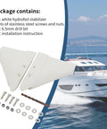 Gas-Saving Dorsal Fin Style Hydrofoil Stabilizer For 5-150 HP Outboard with screws, drill bit and yacht in the background