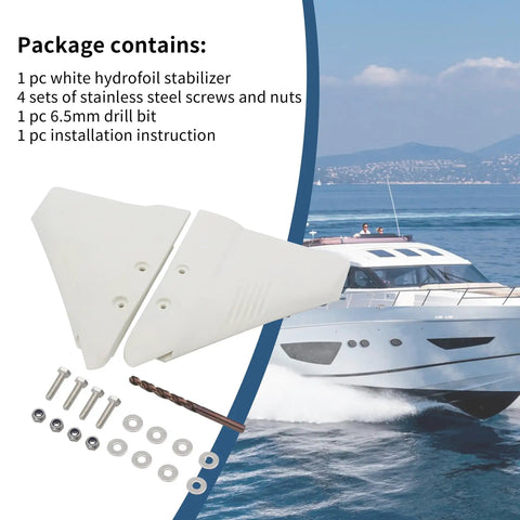Gas-Saving Dorsal Fin Style Hydrofoil Stabilizer For 5-150 HP Outboard with screws, drill bit and yacht in the background