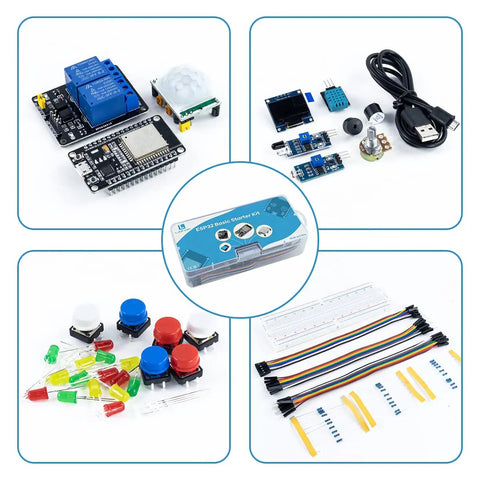 Starter Kit For ESP32 Development Board With WiFi IoT Learn To Code Fast No Fuss Setup Grab And Go Arduino IDE Compatible Tutorial Included To Walk You Through LED DHT11 OLED Modules And More shown with components and guide