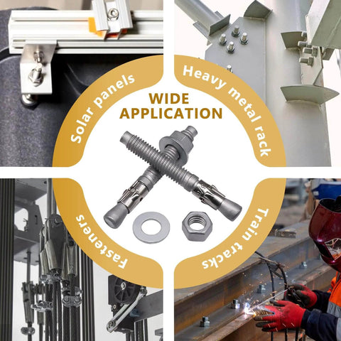 Three Eighths Inch Outer Diameter Concrete Anchor Bolts Set With Washer And Nut, Galvanized Carbon Steel Wedge Anchors For Concrete, Three Inch Length, Bulk Pack Of Ten, Heavy Duty Fasteners For Structural Installations displayed with usage scenarios.