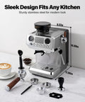 Badass 20 Bar Espresso Machine With Built In Anti Static Grinder And 45 Precision Grind Settings silver countertop brewer on kitchen counter.