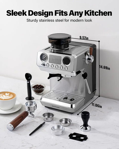 Badass 20 Bar Espresso Machine With Built In Anti Static Grinder And 45 Precision Grind Settings silver countertop brewer on kitchen counter.