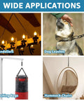 Built Tough Black Chain Link One Quarter Inch Twenty Foot Heavy Duty Hanging Chain for Plants Hammock Chair Porch Swing Gate Fence Outdoor Use Carbon Steel Construction showcased in various applications like chandeliers, dog leashes, punching bags, and hammock chairs.