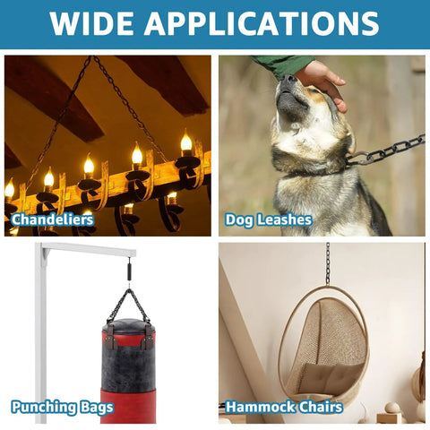 Built Tough Black Chain Link One Quarter Inch Twenty Foot Heavy Duty Hanging Chain for Plants Hammock Chair Porch Swing Gate Fence Outdoor Use Carbon Steel Construction showcased in various applications like chandeliers, dog leashes, punching bags, and hammock chairs.