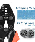 Pro Grade Heavy Duty Wire Rope Crimp Tool For Aluminum Ferrules 0.1-0.5mm 0.5-1.0mm 1.0-2.0mm 2.2mm 6.8 Inch With Four Cavities Crimp Cutter For Railings Decking Picture Hanging Double Barrel Ferrules Rust Resistant CrMo Steel showing crimp and cut ranges