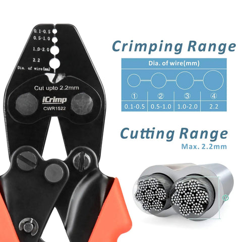 Pro Grade Heavy Duty Wire Rope Crimp Tool For Aluminum Ferrules 0.1-0.5mm 0.5-1.0mm 1.0-2.0mm 2.2mm 6.8 Inch With Four Cavities Crimp Cutter For Railings Decking Picture Hanging Double Barrel Ferrules Rust Resistant CrMo Steel showing crimp and cut ranges