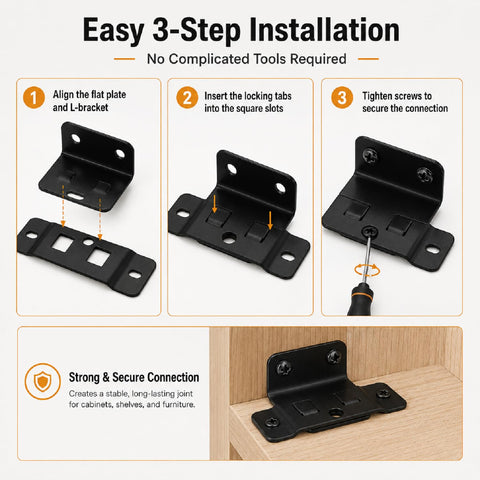 Step-by-step use of 8 Or 16 Pack Quick Fit Furniture Joint Bracket Set With Screws Stainless Steel Right Angle Corner Braces.