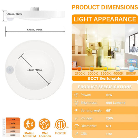 4 Inch LED Motion Sensor Ceiling Light for Closet, 120V, 600 Lumens, 10W, 5CCT Field Selectable, Wet Location, diagram