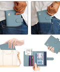 RFID Passport Holder Travel Wallet For Women And Men With RFID Blocking And Double Card Slots Plus Clear Window Pockets Cute Green Passport Cover Case For Safe Easy Global Travel in use and stored in jeans pocket and bag