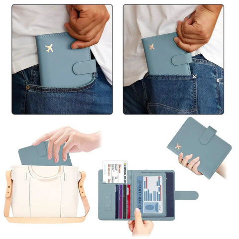 RFID Passport Holder Travel Wallet For Women And Men With RFID Blocking And Double Card Slots Plus Clear Window Pockets Cute Green Passport Cover Case For Safe Easy Global Travel in use and stored in jeans pocket and bag