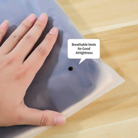 Hand holding a frosted bag with vent, part of 20 Pcs Travel Storage Bags Set For Clothes Cosmetics Shoes Reusable Frosted Ziplock Pouches.