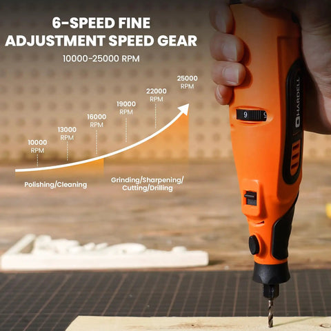 Badass 12V Cordless Rotary Tool Kit With 6 Variable Speeds Up To 25000 Rpm showing 6-speed adjustment for precision tasks