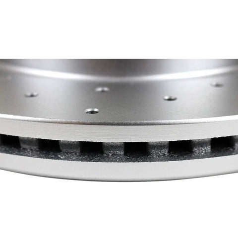 Close-up of front and rear beefed up drilled and slotted brake rotors for Cadillac Escalade Tahoe Silverado 1500 GMC Yukon