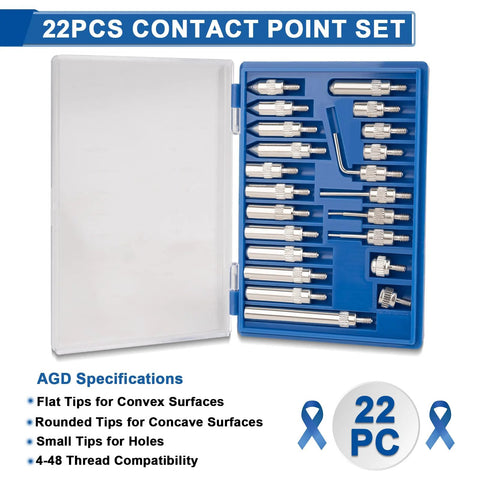 22-piece contact point set in a blue case with stainless steel tips and hex keys