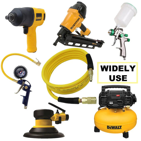 Heavy Duty Hybrid Lead In Air Hose 1/4 Inch By 10 Feet 300 Psi with pneumatic tools and compressor for garage work.