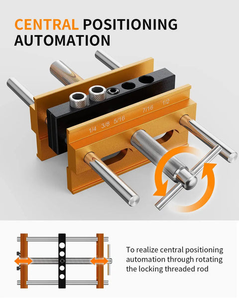 Self Centering Doweling Jig For Pro Grade Woodworking, Gold Finish, Five Hole Sizes, Adjustable Width Locator Display